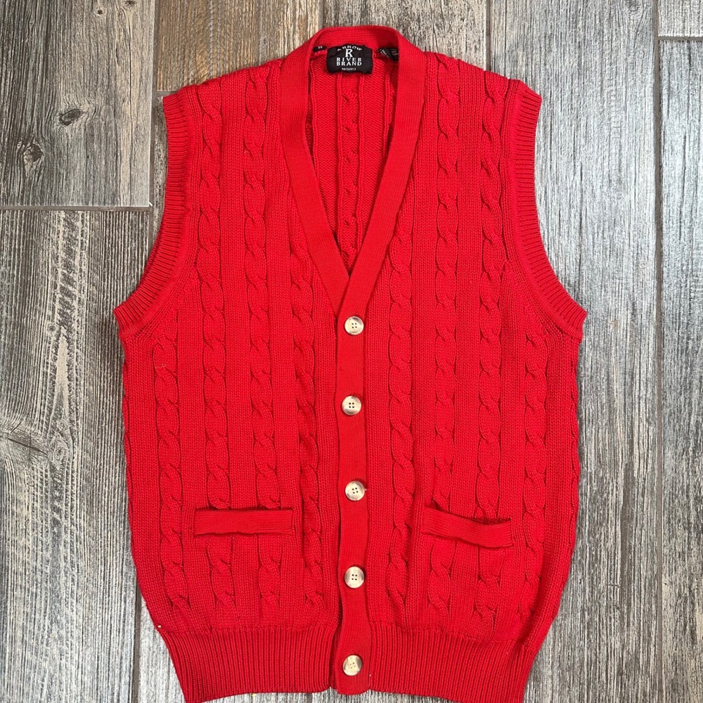 River Brand‎ Mens Cable Knit Sweater Vest Buttons Pockets Red Preppy Style VTG